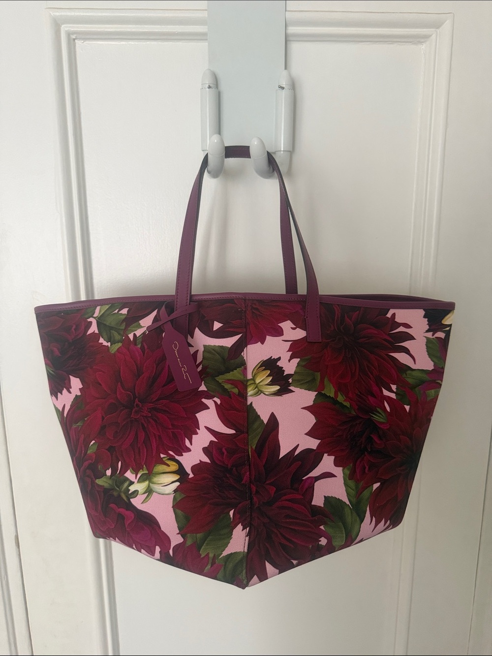 Oscar de la Renta Pink Tote with Burgundy Floral Print